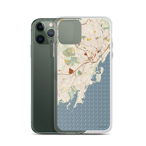 Custom Rye New York Map Phone Case in Woodblock on Table with Laptop and Plant