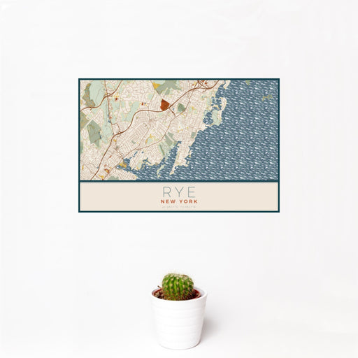 12x18 Rye New York Map Print Landscape Orientation in Woodblock Style With Small Cactus Plant in White Planter