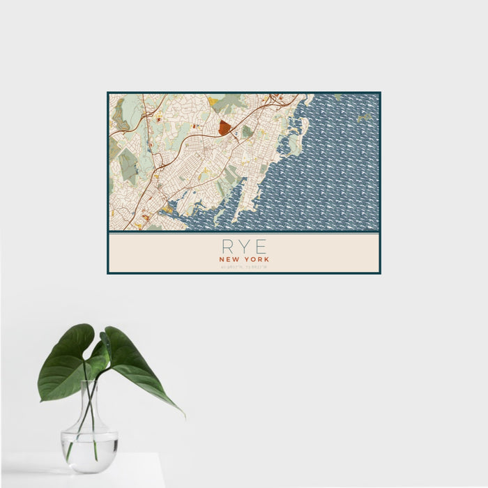 16x24 Rye New York Map Print Landscape Orientation in Woodblock Style With Tropical Plant Leaves in Water