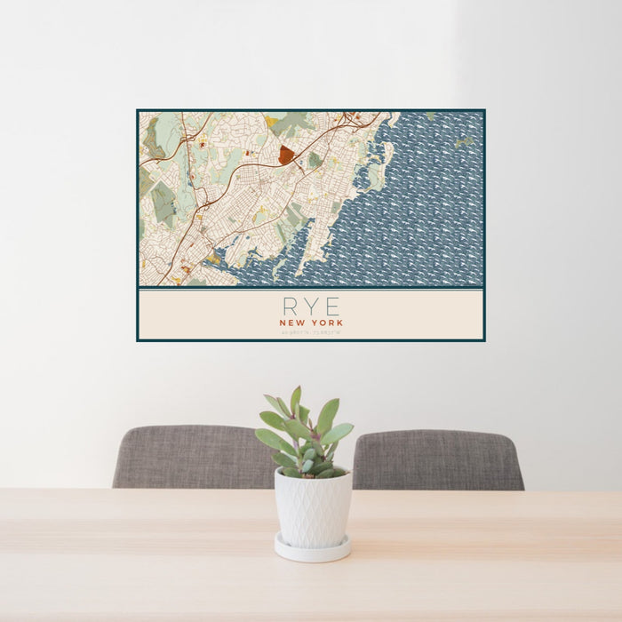24x36 Rye New York Map Print Landscape Orientation in Woodblock Style Behind 2 Chairs Table and Potted Plant