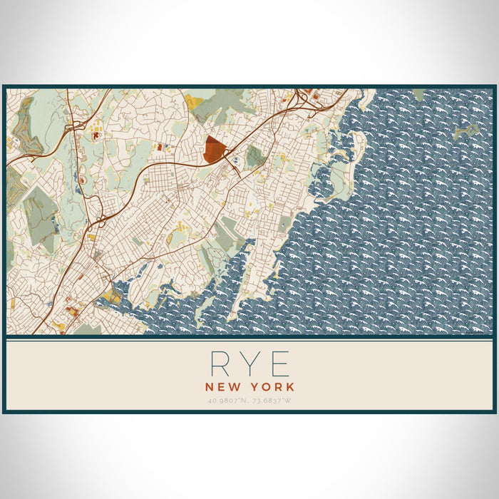 Rye New York Map Print Landscape Orientation in Woodblock Style With Shaded Background