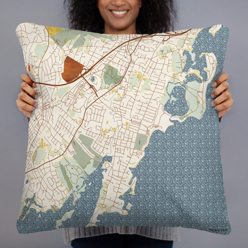 Person holding 22x22 Custom Rye New York Map Throw Pillow in Woodblock