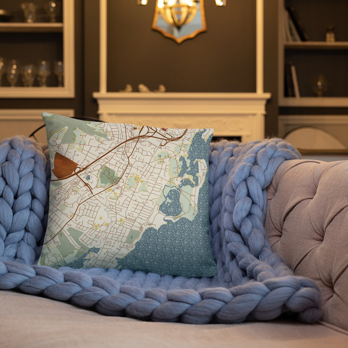 Custom Rye New York Map Throw Pillow in Woodblock on Cream Colored Couch