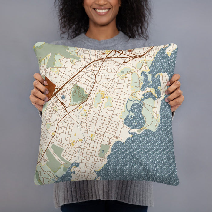 Person holding 18x18 Custom Rye New York Map Throw Pillow in Woodblock