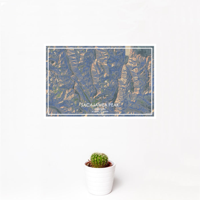 12x18 Sacajawea Peak Oregon Map Print Landscape Orientation in Afternoon Style With Small Cactus Plant in White Planter