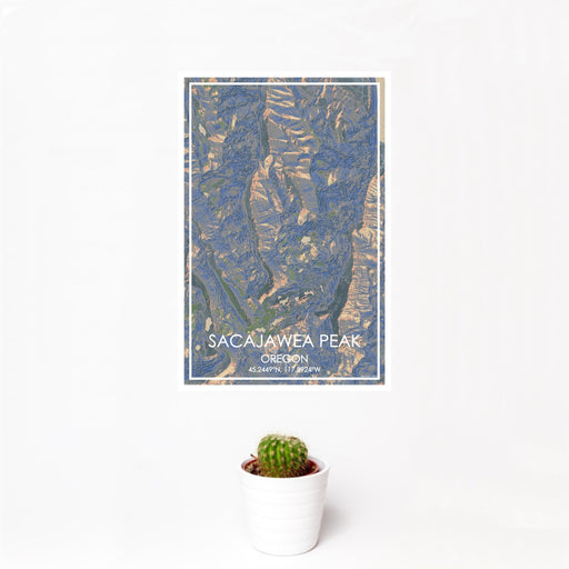 12x18 Sacajawea Peak Oregon Map Print Portrait Orientation in Afternoon Style With Small Cactus Plant in White Planter