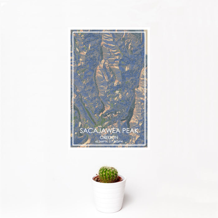 12x18 Sacajawea Peak Oregon Map Print Portrait Orientation in Afternoon Style With Small Cactus Plant in White Planter