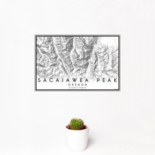 12x18 Sacajawea Peak Oregon Map Print Landscape Orientation in Classic Style With Small Cactus Plant in White Planter