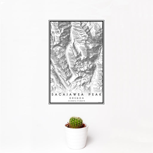 12x18 Sacajawea Peak Oregon Map Print Portrait Orientation in Classic Style With Small Cactus Plant in White Planter