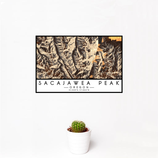 12x18 Sacajawea Peak Oregon Map Print Landscape Orientation in Ember Style With Small Cactus Plant in White Planter