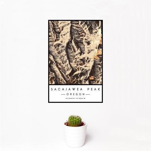 12x18 Sacajawea Peak Oregon Map Print Portrait Orientation in Ember Style With Small Cactus Plant in White Planter