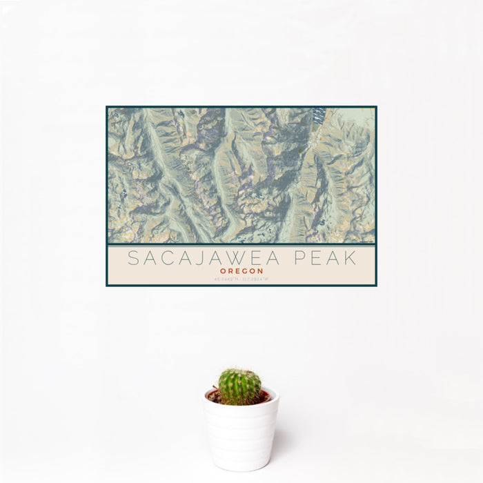 12x18 Sacajawea Peak Oregon Map Print Landscape Orientation in Woodblock Style With Small Cactus Plant in White Planter