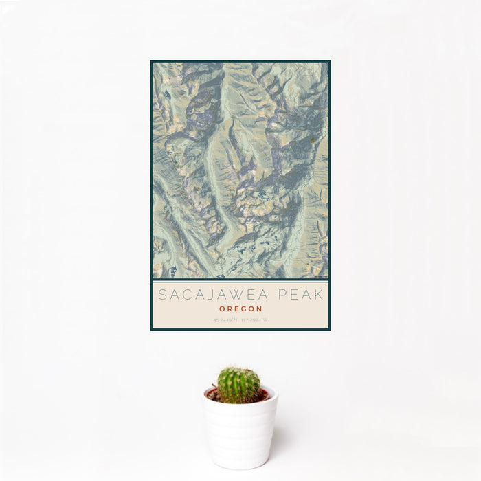 12x18 Sacajawea Peak Oregon Map Print Portrait Orientation in Woodblock Style With Small Cactus Plant in White Planter