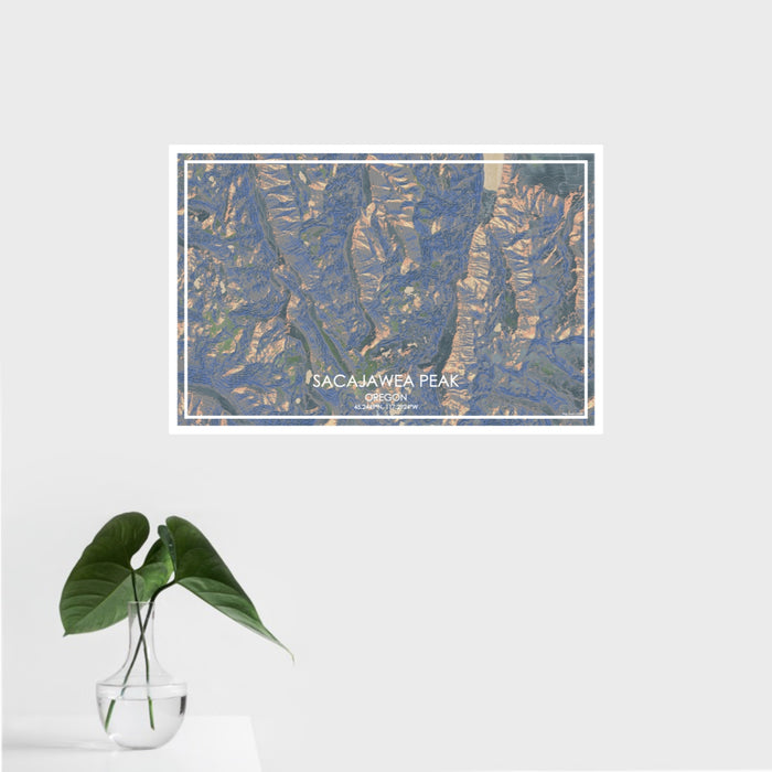 16x24 Sacajawea Peak Oregon Map Print Landscape Orientation in Afternoon Style With Tropical Plant Leaves in Water