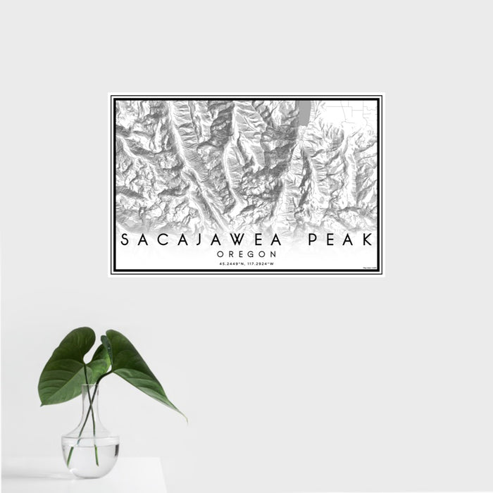 16x24 Sacajawea Peak Oregon Map Print Landscape Orientation in Classic Style With Tropical Plant Leaves in Water