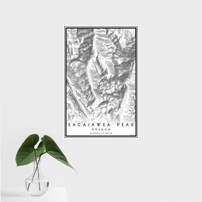 16x24 Sacajawea Peak Oregon Map Print Portrait Orientation in Classic Style With Tropical Plant Leaves in Water