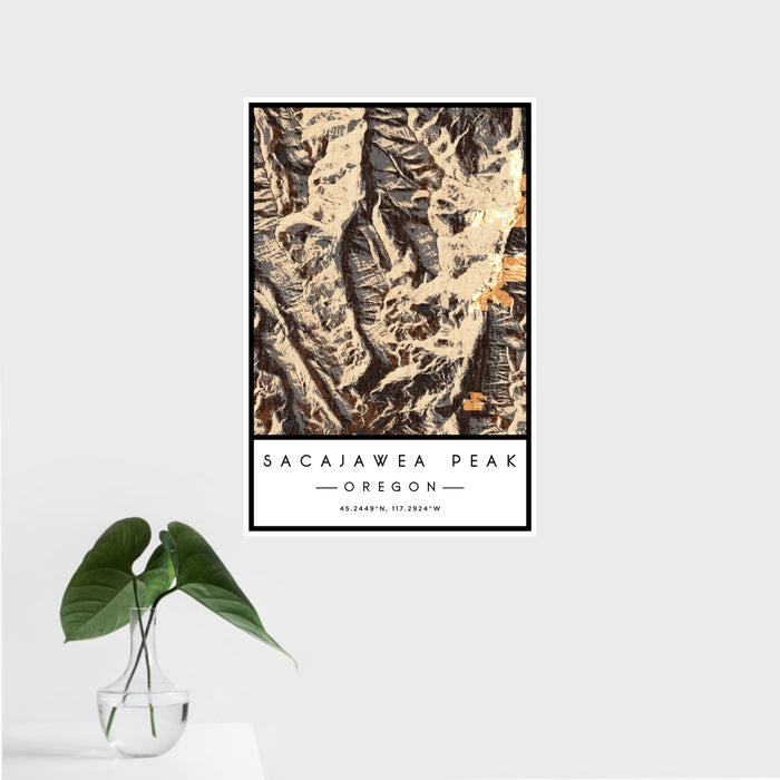 16x24 Sacajawea Peak Oregon Map Print Portrait Orientation in Ember Style With Tropical Plant Leaves in Water