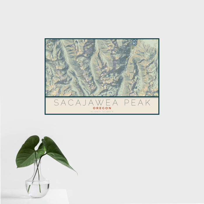16x24 Sacajawea Peak Oregon Map Print Landscape Orientation in Woodblock Style With Tropical Plant Leaves in Water