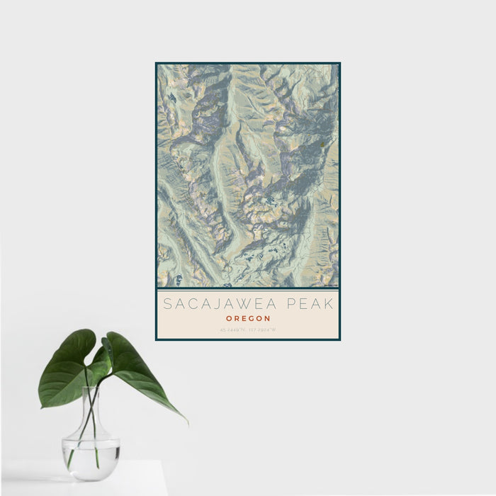 16x24 Sacajawea Peak Oregon Map Print Portrait Orientation in Woodblock Style With Tropical Plant Leaves in Water