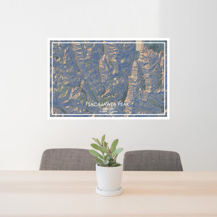 24x36 Sacajawea Peak Oregon Map Print Lanscape Orientation in Afternoon Style Behind 2 Chairs Table and Potted Plant