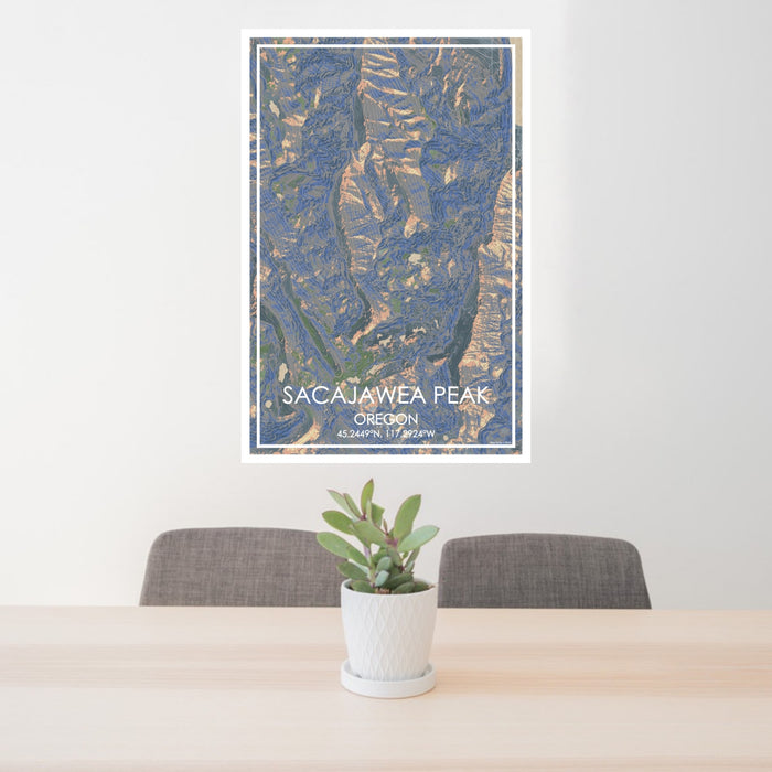 24x36 Sacajawea Peak Oregon Map Print Portrait Orientation in Afternoon Style Behind 2 Chairs Table and Potted Plant