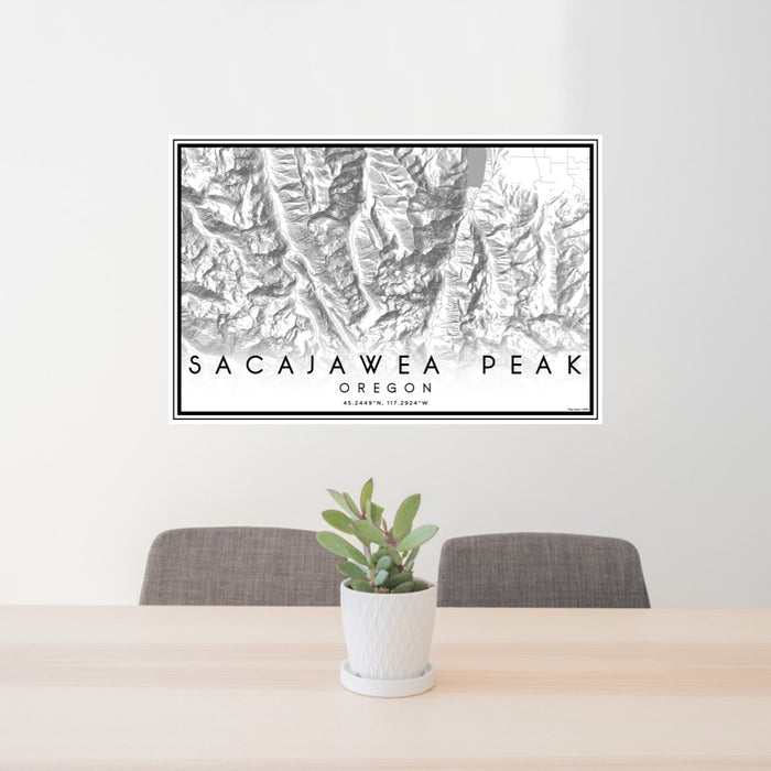 24x36 Sacajawea Peak Oregon Map Print Lanscape Orientation in Classic Style Behind 2 Chairs Table and Potted Plant
