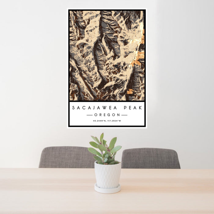 24x36 Sacajawea Peak Oregon Map Print Portrait Orientation in Ember Style Behind 2 Chairs Table and Potted Plant