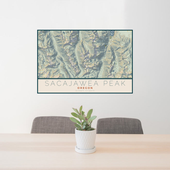 24x36 Sacajawea Peak Oregon Map Print Lanscape Orientation in Woodblock Style Behind 2 Chairs Table and Potted Plant