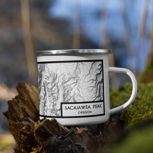 Right View Custom Sacajawea Peak Oregon Map Enamel Mug in Classic on Grass With Trees in Background