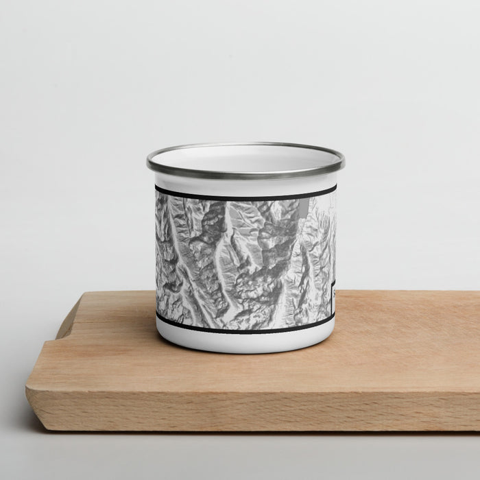 Front View Custom Sacajawea Peak Oregon Map Enamel Mug in Classic on Cutting Board