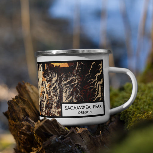 Right View Custom Sacajawea Peak Oregon Map Enamel Mug in Ember on Grass With Trees in Background