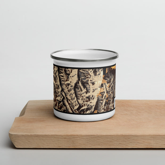 Front View Custom Sacajawea Peak Oregon Map Enamel Mug in Ember on Cutting Board