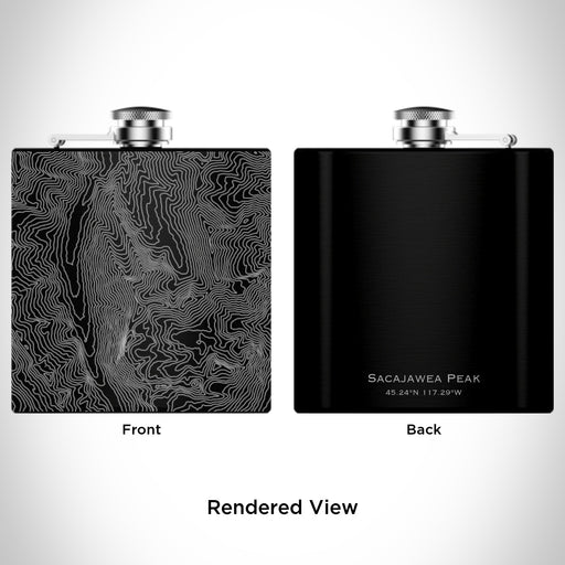 Rendered View of Sacajawea Peak Oregon Map Engraving on 6oz Stainless Steel Flask in Black