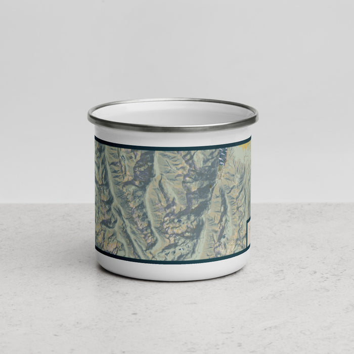Front View Custom Sacajawea Peak Oregon Map Enamel Mug in Woodblock