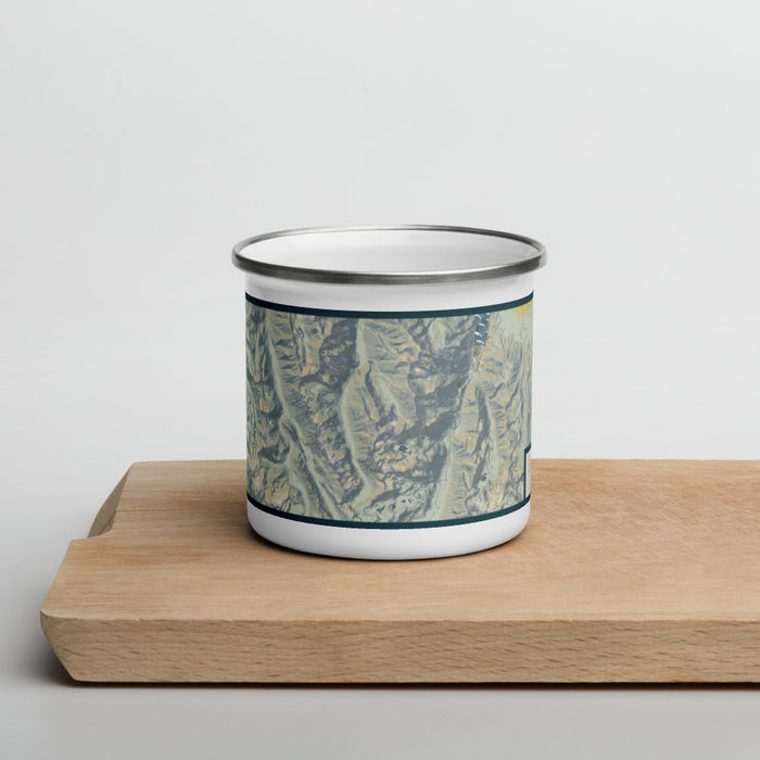 Front View Custom Sacajawea Peak Oregon Map Enamel Mug in Woodblock on Cutting Board