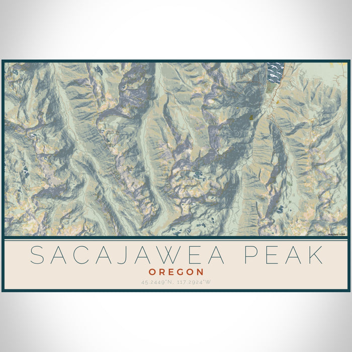 Sacajawea Peak Oregon Map Print Landscape Orientation in Woodblock Style With Shaded Background