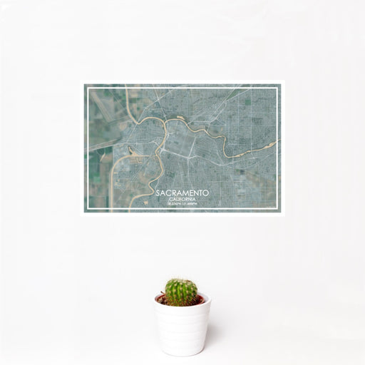 12x18 Sacramento California Map Print Landscape Orientation in Afternoon Style With Small Cactus Plant in White Planter