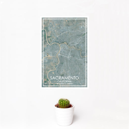 12x18 Sacramento California Map Print Portrait Orientation in Afternoon Style With Small Cactus Plant in White Planter