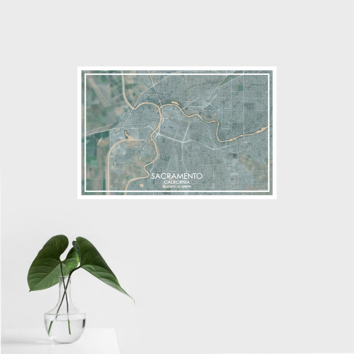 16x24 Sacramento California Map Print Landscape Orientation in Afternoon Style With Tropical Plant Leaves in Water