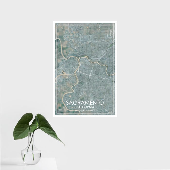 16x24 Sacramento California Map Print Portrait Orientation in Afternoon Style With Tropical Plant Leaves in Water
