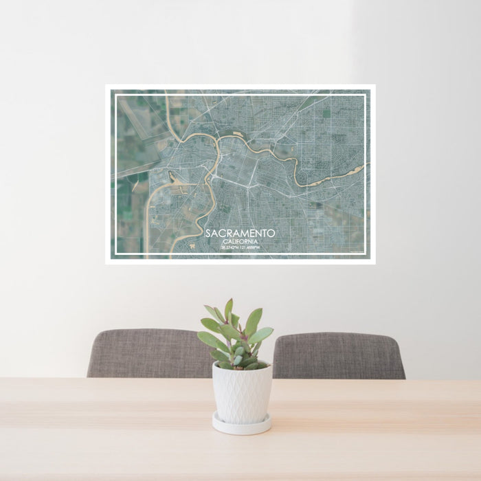 24x36 Sacramento California Map Print Lanscape Orientation in Afternoon Style Behind 2 Chairs Table and Potted Plant