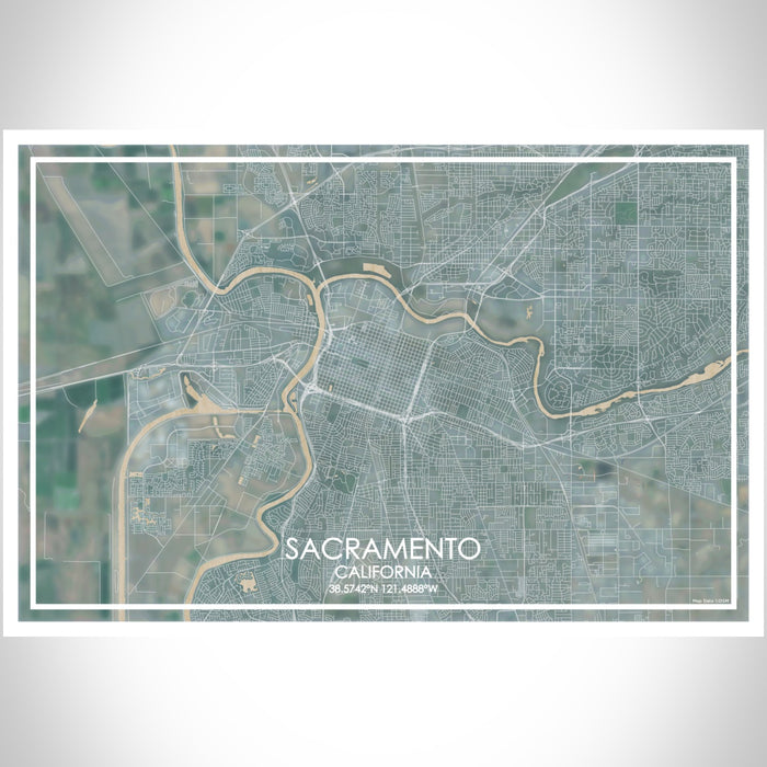 Sacramento California Map Print Landscape Orientation in Afternoon Style With Shaded Background