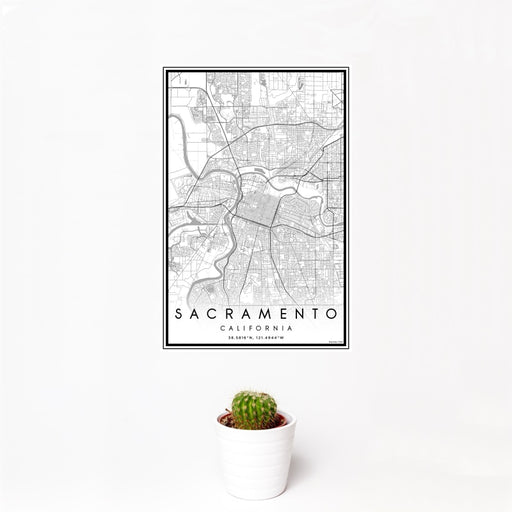 12x18 Sacramento California Map Print Portrait Orientation in Classic Style With Small Cactus Plant in White Planter