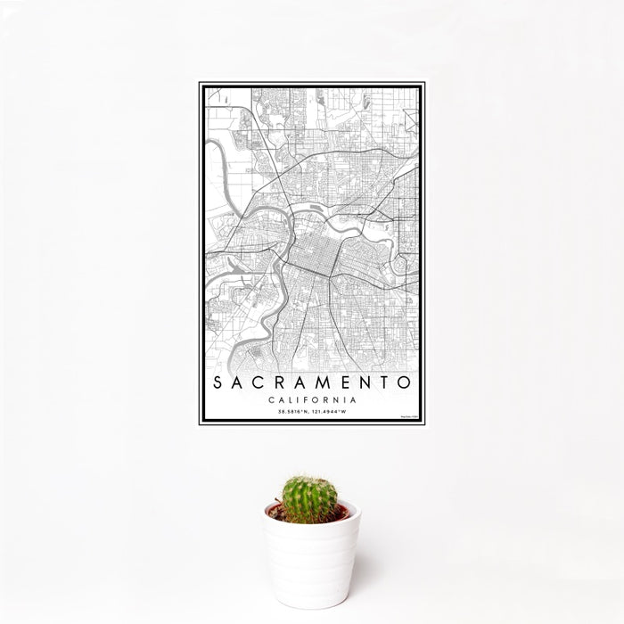 12x18 Sacramento California Map Print Portrait Orientation in Classic Style With Small Cactus Plant in White Planter