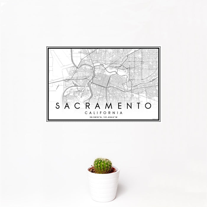12x18 Sacramento California Map Print Landscape Orientation in Classic Style With Small Cactus Plant in White Planter