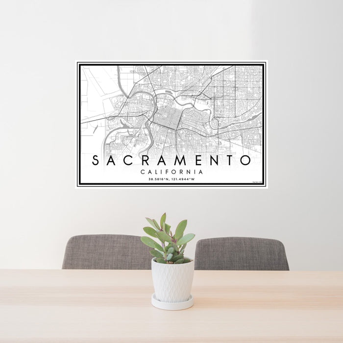 24x36 Sacramento California Map Print Landscape Orientation in Classic Style Behind 2 Chairs Table and Potted Plant