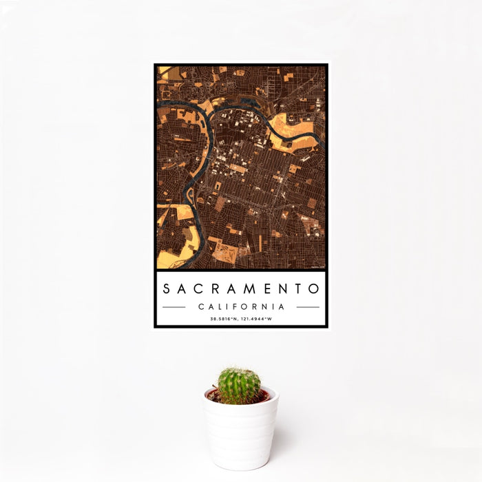 12x18 Sacramento California Map Print Portrait Orientation in Ember Style With Small Cactus Plant in White Planter