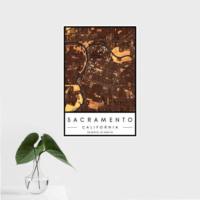 16x24 Sacramento California Map Print Portrait Orientation in Ember Style With Tropical Plant Leaves in Water