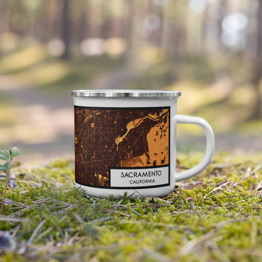 Right View Custom Sacramento California Map Enamel Mug in Ember on Grass With Trees in Background