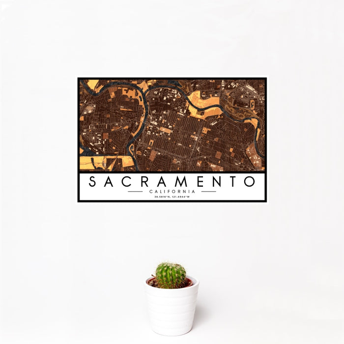 12x18 Sacramento California Map Print Landscape Orientation in Ember Style With Small Cactus Plant in White Planter